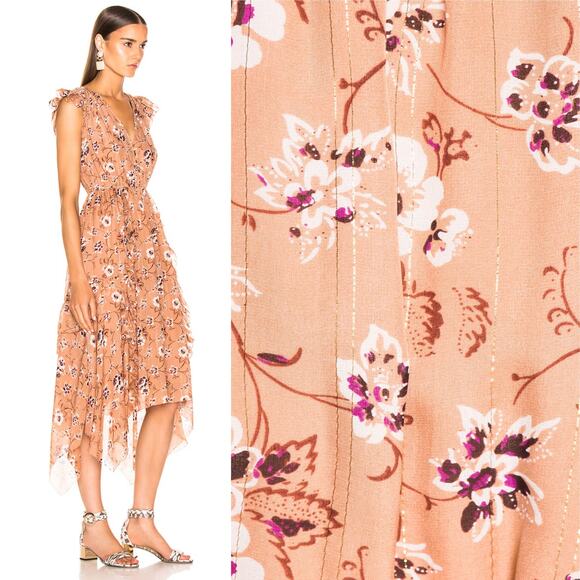 ULLA JOHNSON Ciel Dress In Cafe Size 2 Tan Silk Gold Metallic Floral Flowy Midi - Picture 2 of 16